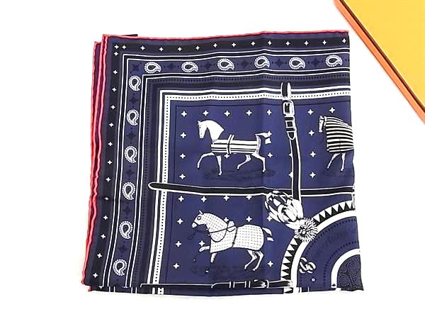 ■新品負けず劣らず■ HERMES エルメス  Couvertures et Tenues de Jour 【馬着】カレ55 絹地100% 衣嚢旗がしら 米国海軍系 HA2345