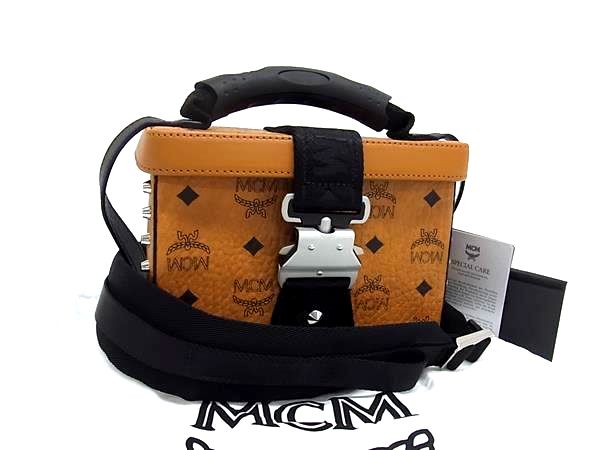 ■新品負けず劣らず■ MCM エムシーエム モノグラム ヴィセトス柄 なめし革 スタッズ ショルダーバッグ 曲がった掛け 肩かけ 赤銅色系 FP7226