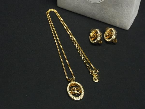■極美品■ ChristianDior ディオール ヴィンテージ クリップ式 イヤリング ネックレス アクセサリー 2点セット ゴールド系 FU5447|pleasure-Store 店