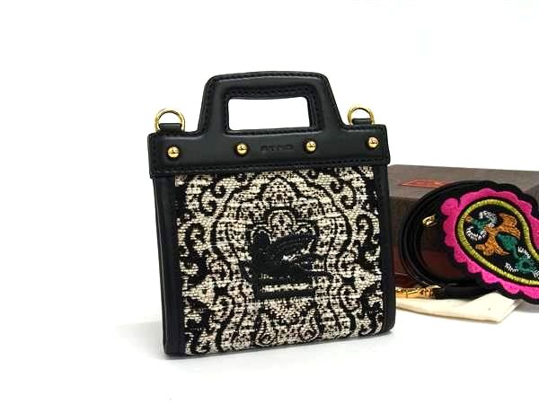 ■極美品■ ETRO エトロ ラブトロッター レザー&times;キャンバス カード入れ 小物入れ 肩掛け ブラック系&times;アイボリー系 FU5559｜pleasure-Store　店