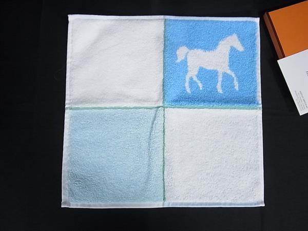 ■新品負けず劣らず■ HERMES エルメス カレタオル 綿織物100％ 人間の顔西洋手ぬぐい 御手々西洋手ぬぐい 青み系×象牙色系 FQ4855