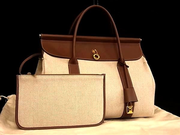 ■付け届け品■極美品■ Loro Piana ロロピアーナ お部屋 帆布×なめし革 車寄せ付き添い人ハンドバック ベージュ系 BQ2688