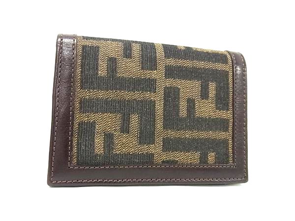 FENDI フェンディ ズッカ 3つ折り財布 キャンバス レザー ブラック FENDI □極美品□ フェンディ ズッカ柄 キャンバス 三つ折り