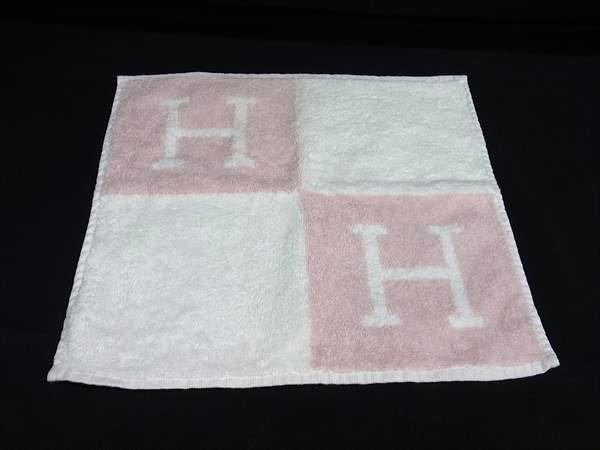 ■極美品■ HERMES エルメス アヴァロン カレタオル 綿織物100％ 御手々西洋手ぬぐい 汗手拭い 白いこと系×サクラ色系 FR5503