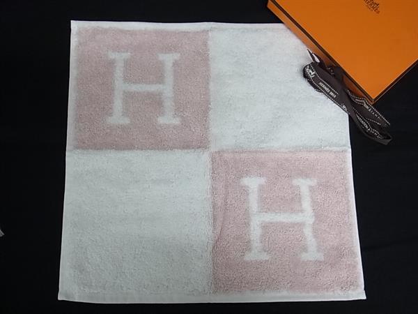 ■新品負けず劣らず■ HERMES エルメス アヴァロン カレタオル 綿織物100％ 御手々西洋手ぬぐい 人間の顔西洋手ぬぐい サクラ色系×象牙色系 FR5884