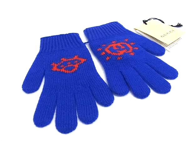 ■新品■未使用■ GUCCI グッチ 748425 ウール100％ 手袋 グローブ 防寒具 表記サイズ M キッズ ブルー系 BN9816｜pleasure-Store　店
