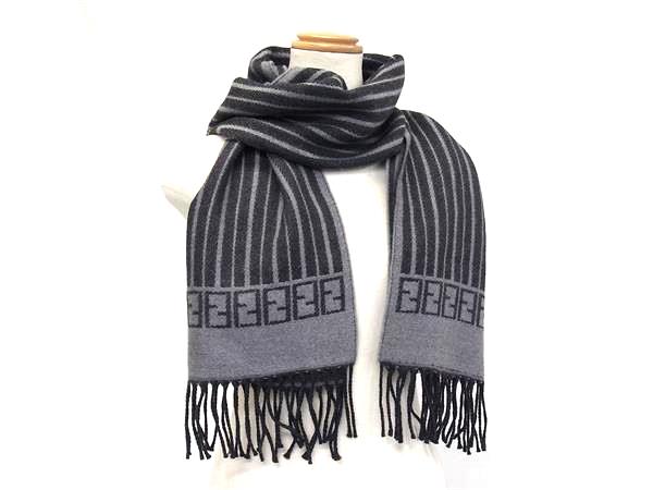 ■新品■未使用■ FENDI フェンディ ウール100% ストライプ フリンジ マフラー ストール 防寒具 メンズ グレー系 BP6426|pleasure-Store 店