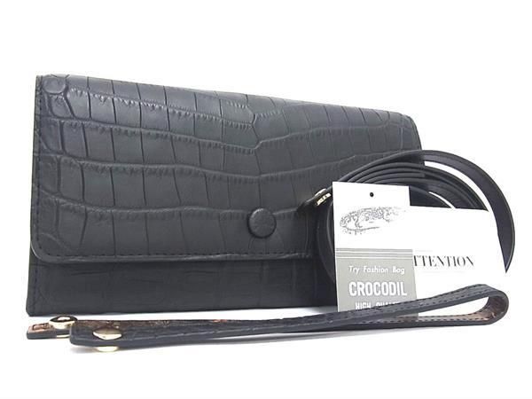 ■極上■本物■新品 未使用■ マットクロコダイル ヘンローン社製 ニロティカス ウォレットバッグ ショルダー ブラック系 AZ8562|pleasure-Store 店