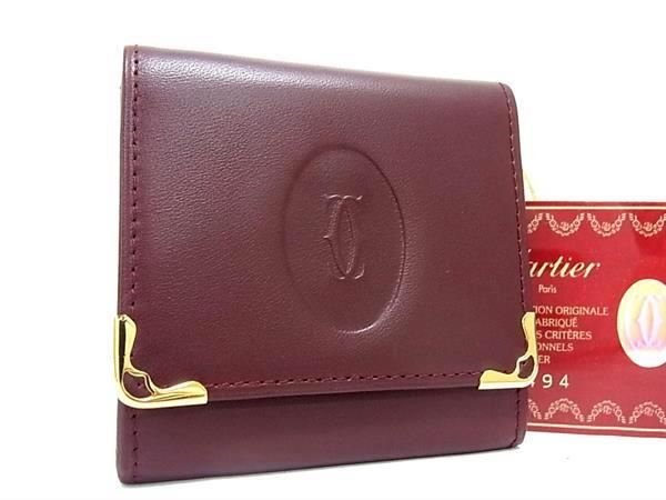 ☆未使用☆ Cartier マストライン ケース ボルドー レザー 丸型 Cartier カルティエ マストライン コインケース 小銭入れ レザー