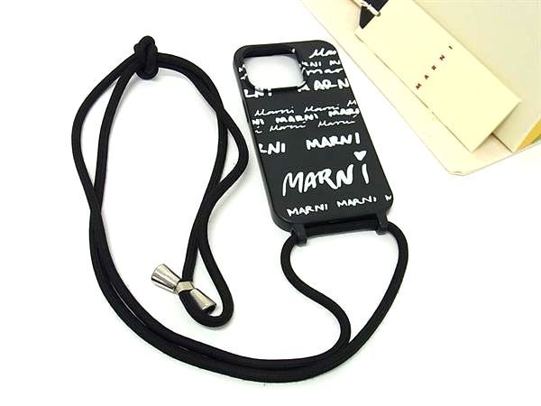 ■美品■ MARNI マルニ GUMMY iPhone14Pro対応 ネックストラップ付き アイフォンケース スマホケース ブラック系&times;ホワイト系 FC8324｜pleasure-Store　店