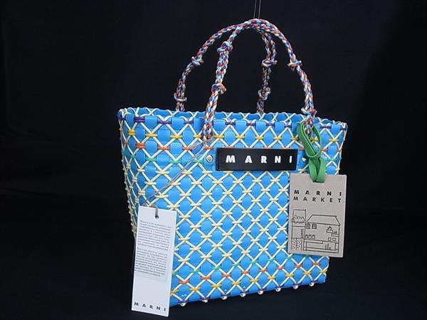 ■新品負けず劣らず■ MARNI マルニ ポリプロピレン×ポリ塩化ビニル基 ハンドバック トートバッグ レディース 青色系×マルチ色つや HA8307