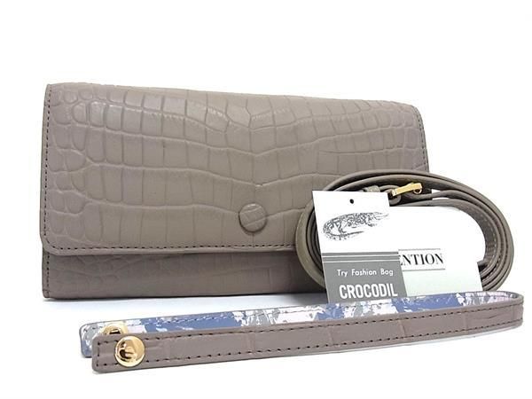 ■極上■本物■新品 未使用■ マットクロコダイル ヘンローン社製 ニロティカス ウォレットバッグ ショルダー グレージュ系 AZ8557|pleasure-Store 店