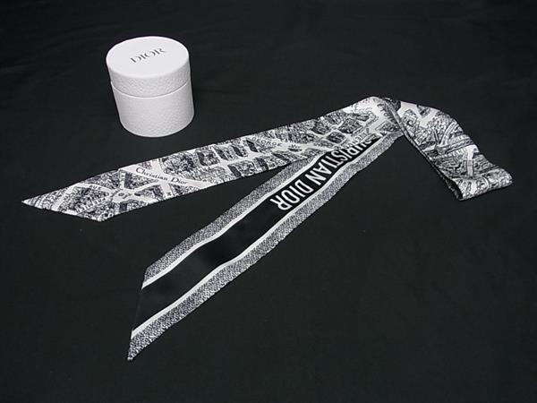 ■新品同様■ ChristianDior ディオール プラン ドゥ パリ ミッツァ シルク100% リボンスカーフ ブラック系×ホワイト系 HA9276|pleasure-Store 店