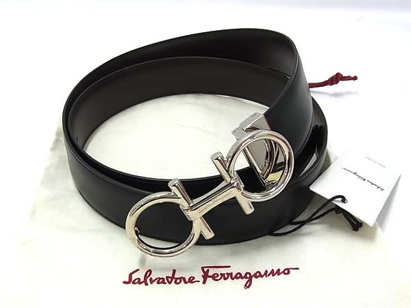 ■新品負けず劣らず■ Salvatore Ferragamo フェラガモ ダブルガンチーニ なめし革 しろがね色金具 リヴァーシブル 胴締め 黒いこと系  HA6316