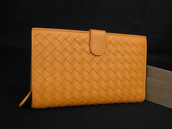 ■新品負けず劣らず■ BOTTEGA VENETA ボッテガヴェネタ イントレチャート なめし革 二つ折り 長紙入れ ウォレット 黄色系 FX5903