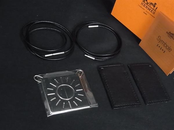 ■新品同様■ HERMES エルメス シンボル ペア 太陽 レザー ネックレス ペンダント アクセサリー シルバー系×ブラック系 BU0539|pleasure-Store 店