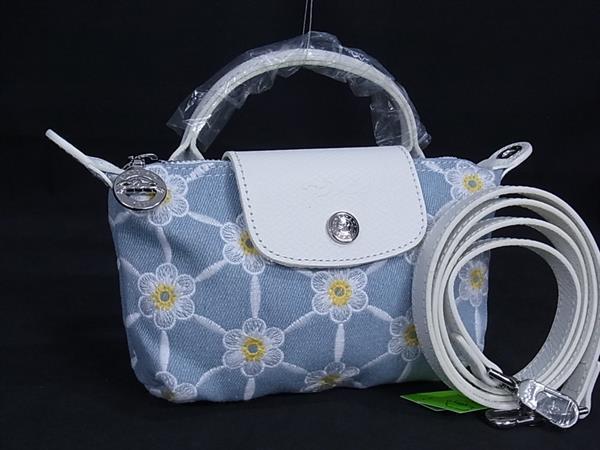 ■新品負けず劣らず■LONGCHAMP ロンシャン ルプリアージュ ジーンズ×なめし革 花柄 ハンドバック 肩部 点火装置青色系×白いこと系 FJ7605