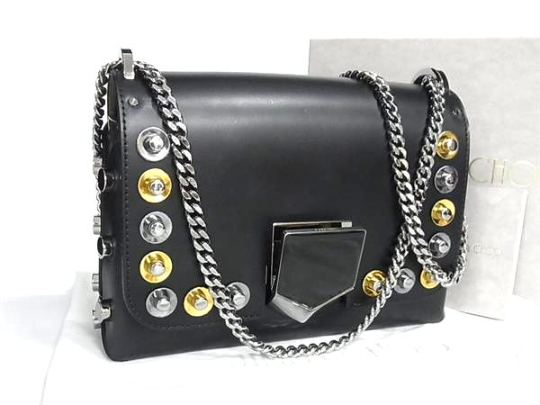 ■美品■ JIMMY CHOO ジミーチュウ ロケット プティ レザー スタッズ チェーン クロスボディ ショルダーバッグ ブラック系 FQ9033|pleasure-Store 店