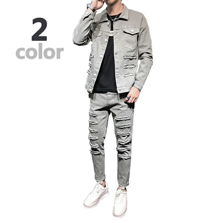 楽天市場 デニムジャケット 上下セット 2点セット セットアップ Gジャン デニム ダメージ パンツ ジーンズ メンズ アウター ボトム ジャケット グレー ブラック M L Xl 2xl 3xl かっこいい ｙｓ ｆａｃｔｏｒｙ