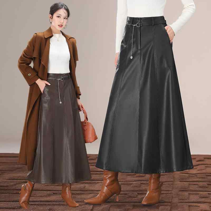 【この価格はSALEだけ！2点で300円OFF＆SSP5倍！】スカート レディース 羊革 ラムレザー 本革 秋冬 Aライン ハイウエスト ミドル丈 ロング丈 タイトスカート スリム見え ダークブラウン ブラック 微ストレッチ｜いさなショップ