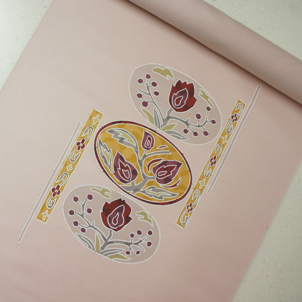 正絹織地染帯　お仕立て付き　 桜色地　絵更紗柄　お買い得品　染帯
