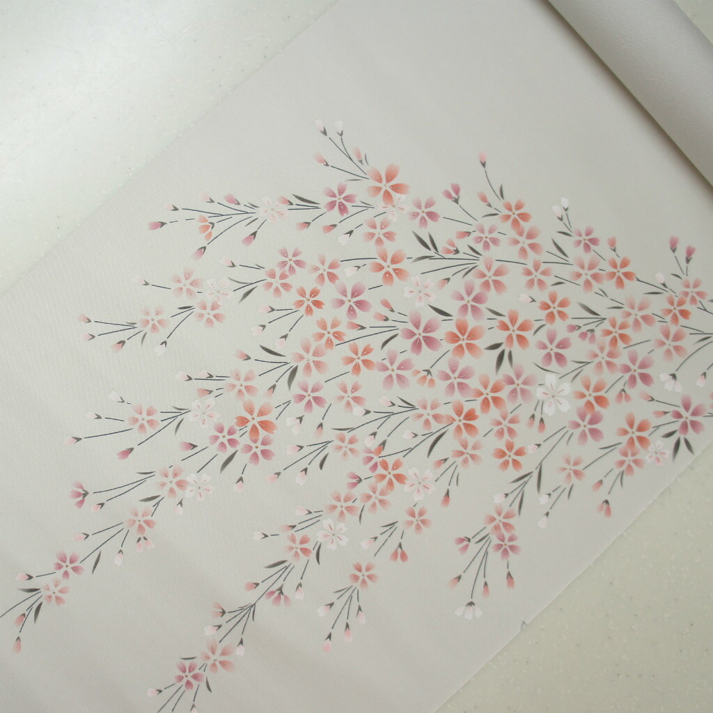 正絹布切れ染帯 お仕立てもの付き添い人 極薄べったい薄墨色地 枝垂れ桜柄 お買い得品 染帯