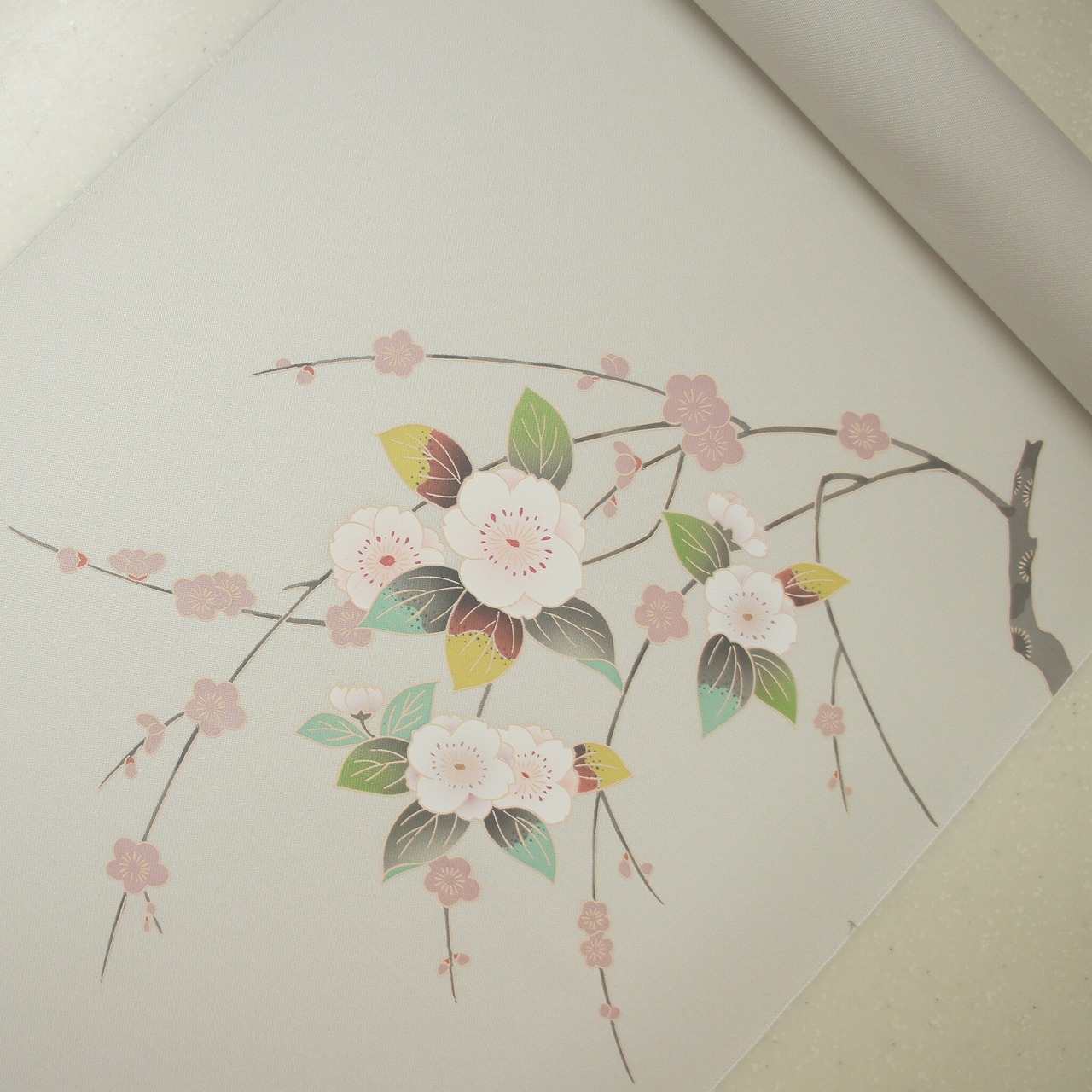 正絹布切れ染帯 お仕立てもの付き添い人 極薄べったい薄墨色地 桜柄 加賀風 染帯