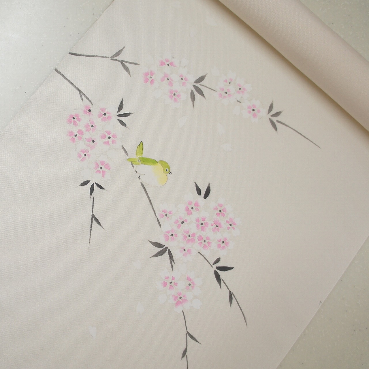 正絹布切れ手書き染帯 お仕立てもの付き添い人 極薄べったい皮膚軟化剤地 小花に飛禽 お買い得品 染帯 レディースファッション-帯-和服