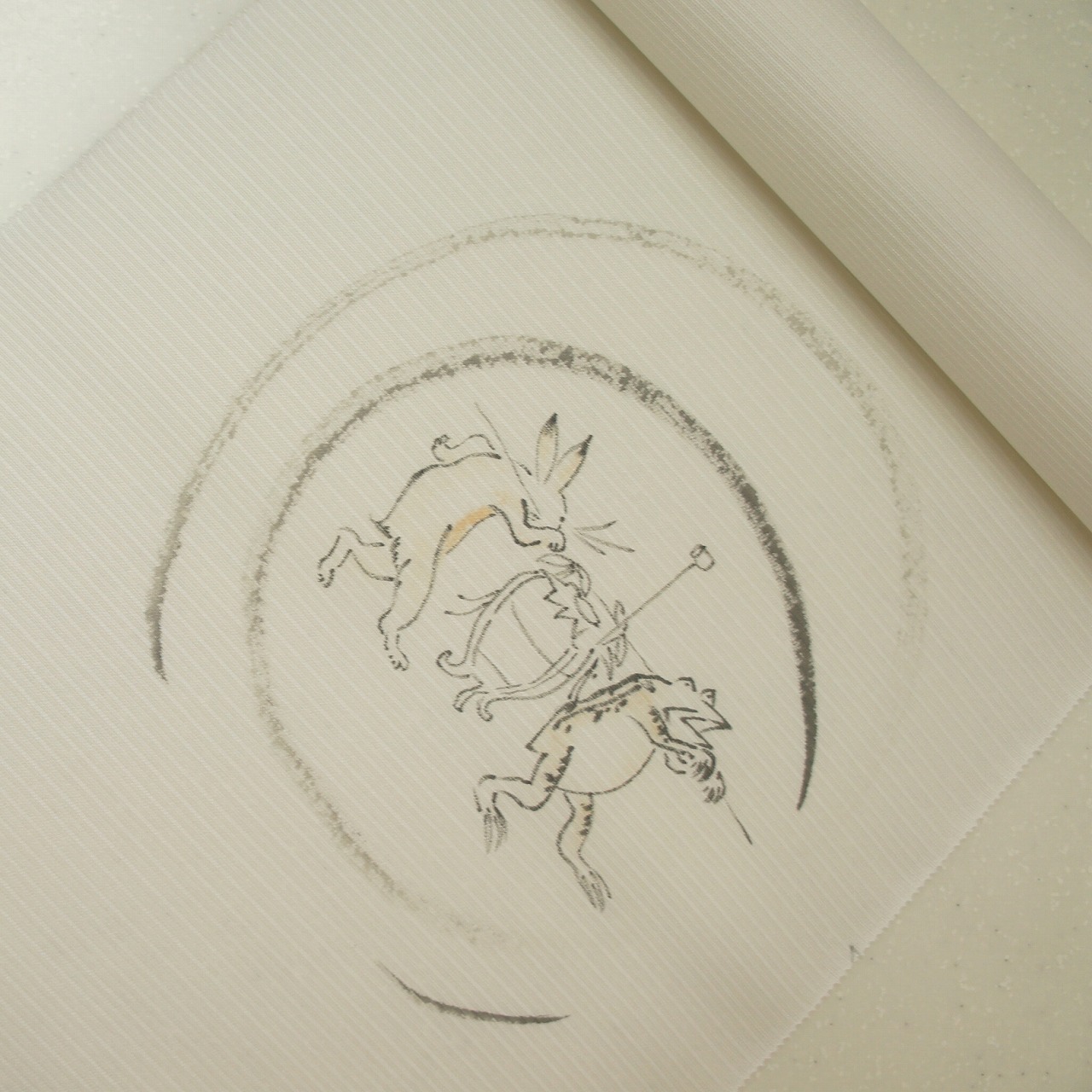 正絹紗絽手描き染帯　お仕立て付き　白地　夏帯　鳥獣戯画柄　単衣から盛夏