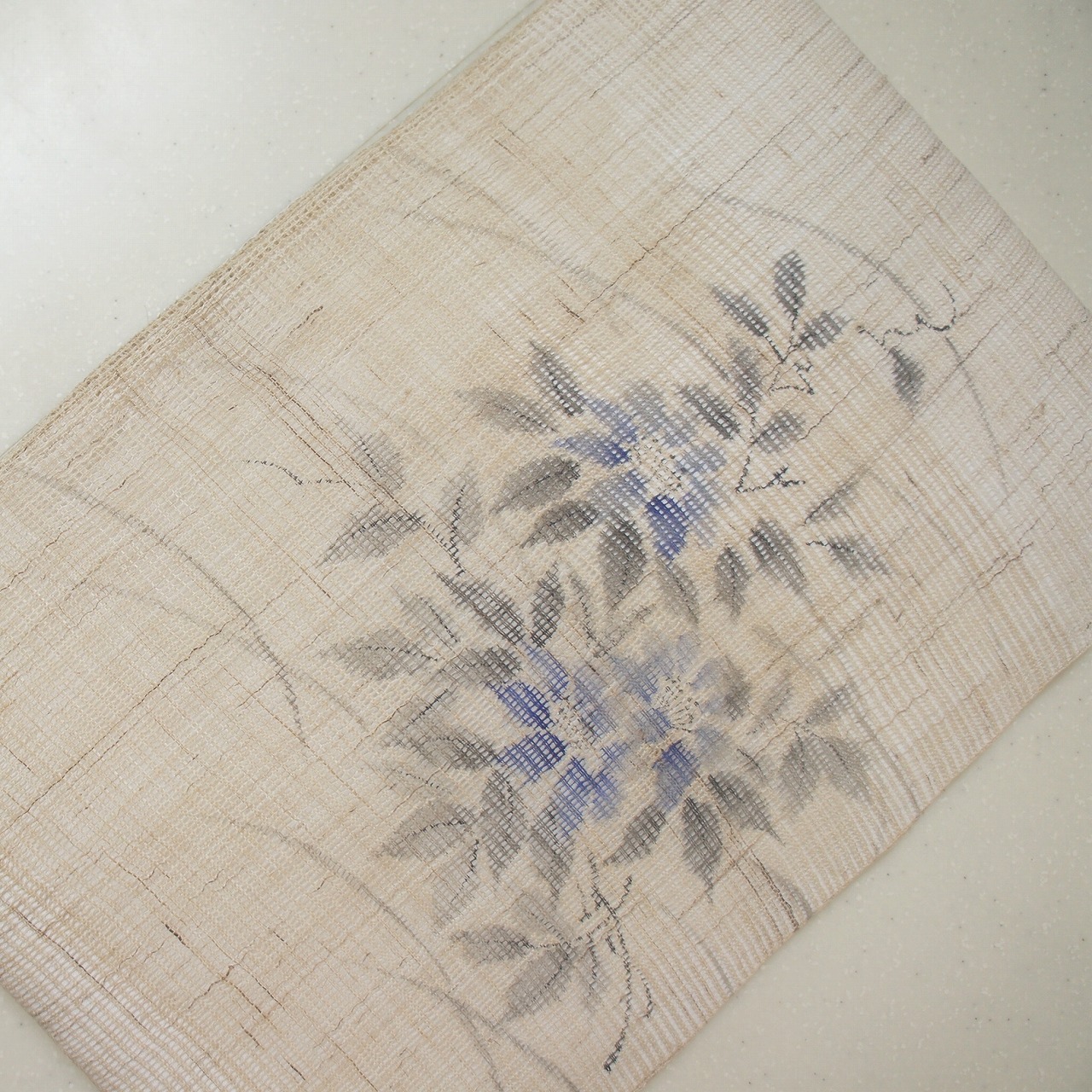 タイムセール　麻手描き染帯　お仕立て上がり品　三本もじり　夏帯　テッセン柄　単衣から盛夏