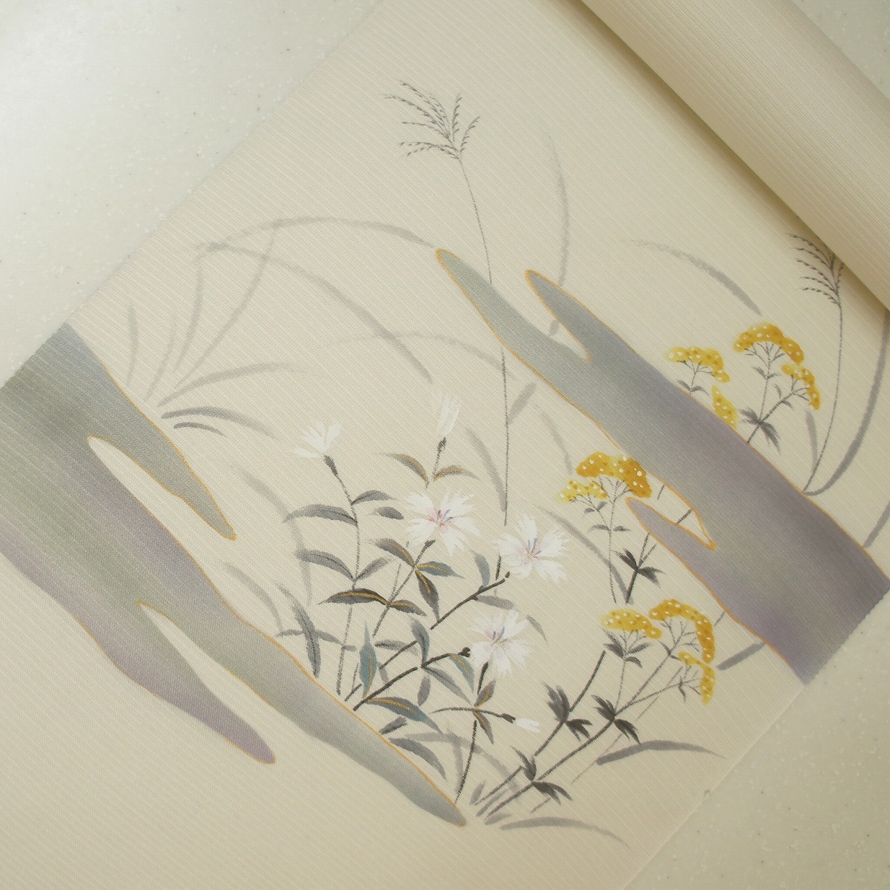 正絹紗絽手描き染帯　極々薄いクリーム地　夏帯　撫子に女郎花柄　単衣から盛夏 13,860円
