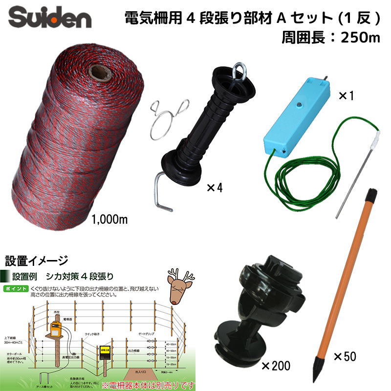 スイデン 電気柵 オプションセット 250m 4段張り部材 Aセット 1034180 ポール 1800mm 50本 柵線(電線) 1000m テスター ゲートグリップ 碍子 シカなどの害獣対策に 代引不可 suiden|Livtecリブテック
