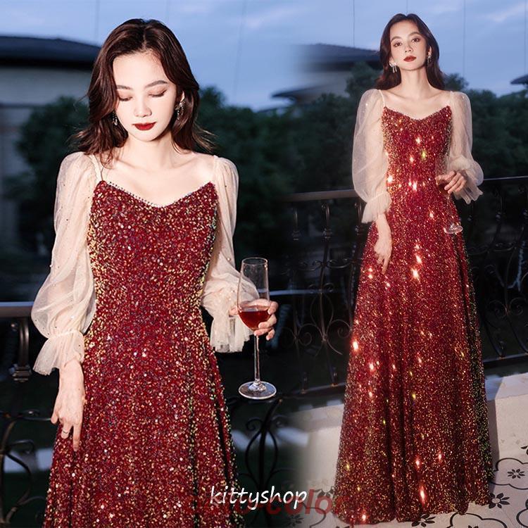婚礼の儀お召しもの 二次会お召しもの ブドウ酒赤 ロング丈 キラキラ スパンコール ロングお召しもの 告げ知らせる会お召しもの A伝達ルート お召しもの 寄り合いお召しもの XS S M L XL XXL XXXL キッズファッション-キッズ・ベビー・マタニティ