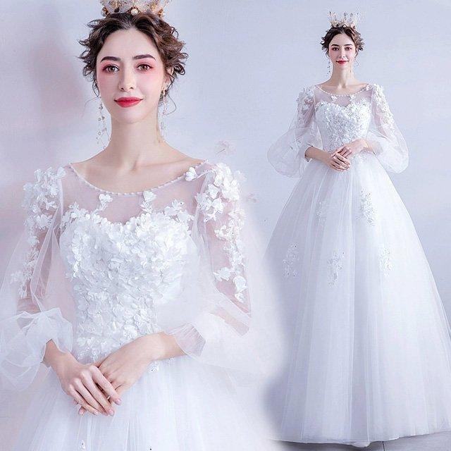 ウェディングドレス ホワイトドレス お洒落 Aライン 花嫁 パフスリーブ 袖あり 結婚式ドレス エレガント ブライダルドレス 披露宴 二次会|結ショップ 店
