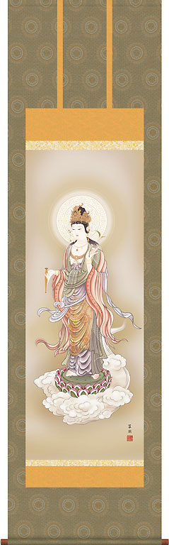 掛軸 掛け軸  雲上観音 鈴木翠朋  尺五立 約横54.5×縦190cm【送料無料】 d6304 仏画 法事 法要 供養 仏事 仏間 初盆 追善供養 お盆 彼岸 お彼岸 命日 観音菩薩