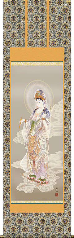 掛軸 掛け軸  雲上観音  天野豊水 尺五立 約横54.5×縦190cm【送料無料】d6402 仏画 法事 法要 供養 仏事 仏間 初盆 追善供養 お盆 彼岸 お彼岸 命日 観音菩薩