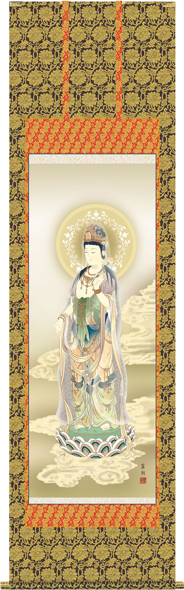 掛軸 掛け軸 雲上観音 鈴木翠朋 尺五立 約横54.5&times;縦190cm【送料無料】g4278 仏画 法事 法要 供養 仏事 仏間 初盆 追善供養 お盆 彼岸 お彼岸 命日 観音菩薩｜結納屋さん