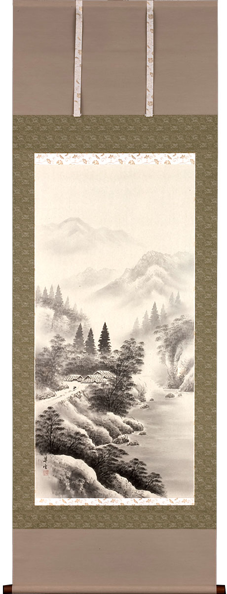 掛軸 掛け軸 水墨山水 山本翠雲 尺八立 約横71×縦190cmb1145 山水 水墨 水墨画 風景 風水 事務所 店舗 移転 開店 開業 新築 落成 お祝い 御祝 贈答 贈り物