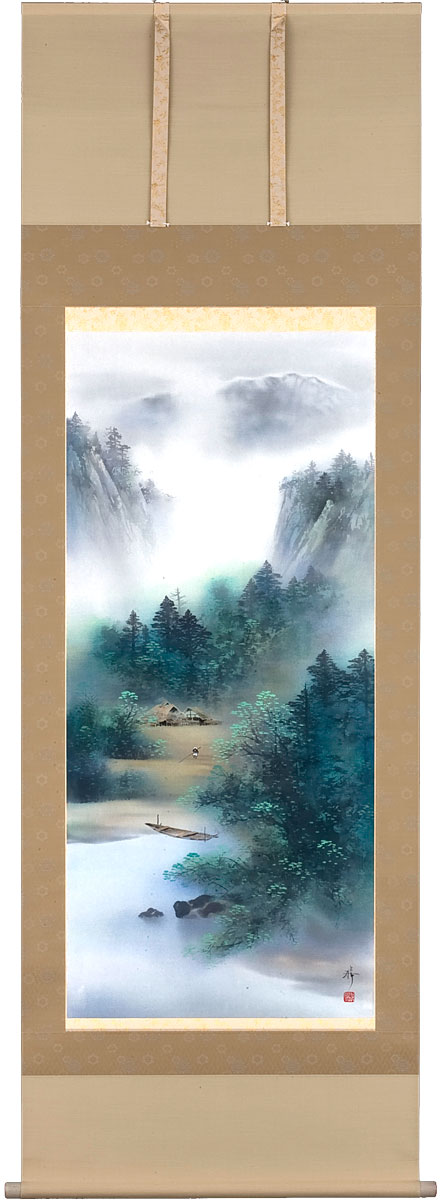 掛軸 掛け軸 青緑山水 中沢勝 尺八立 約横71×縦195cm【送料無料】b1170 山水 彩色 風景 風水 事務所 店舗 移転 開店 開業 新築 落成 お祝い 御祝 贈答 贈り物