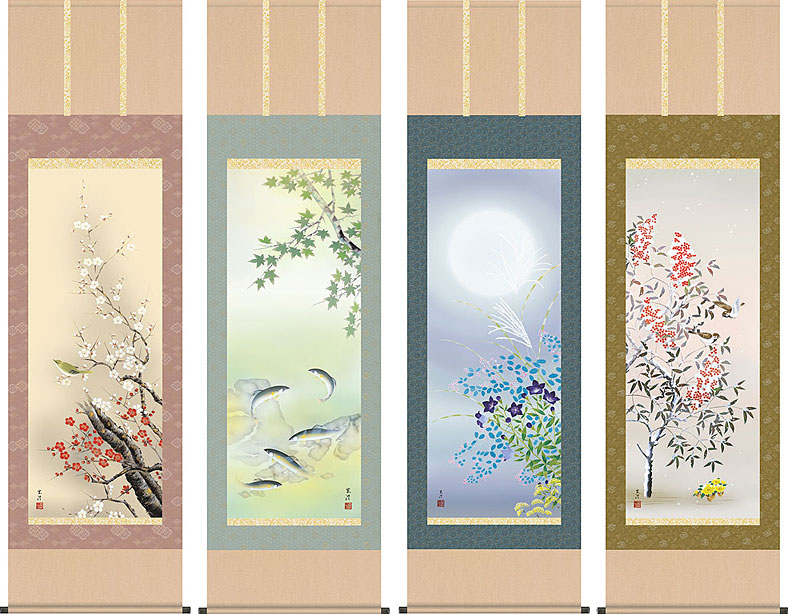結納屋さん,com 掛軸 掛け軸  年中掛け  四季花鳥  お得な4本セット 清水玄澄 尺三立 約横44.5cm×縦164cm【送料無料】b328-20 年中 年中掛 年中掛け 花鳥 四季 四季揃 和室 和 床の間 和風 新築 落成 お祝い 御祝 贈答 贈り物