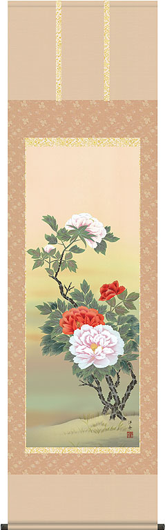 掛軸 掛け軸 春用 富貴花 小野洋舟 尺五立 約横54.5cm&times;縦190cm【送料無料】d8401 春 春掛 春掛け 花鳥 牡丹 富貴花 開運 縁起 吉祥 来客 和室 和 床の間 和風 お祝い 御祝 贈答 贈り物｜結納屋さん