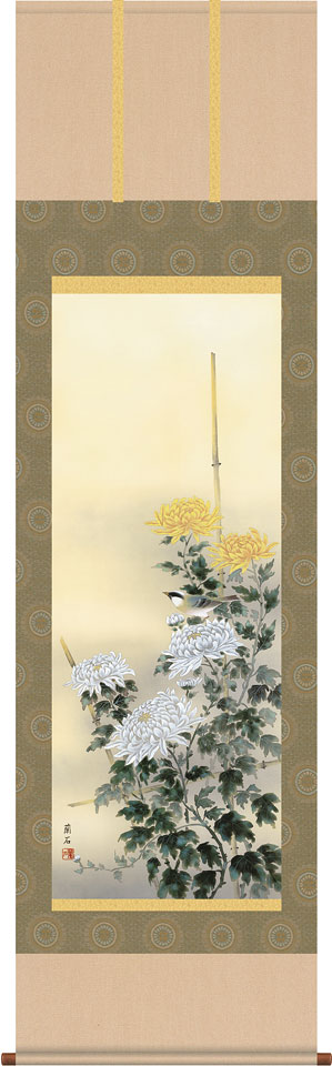 掛軸 掛け軸 秋用 流麗菊花 高見蘭石 尺五立 約横54.5cm&times;縦190cm【送料無料】d8905 秋 秋掛 秋掛け 花鳥 菊 和室 和 床の間 和風 お祝い 御祝 贈答 贈り物｜結納屋さん