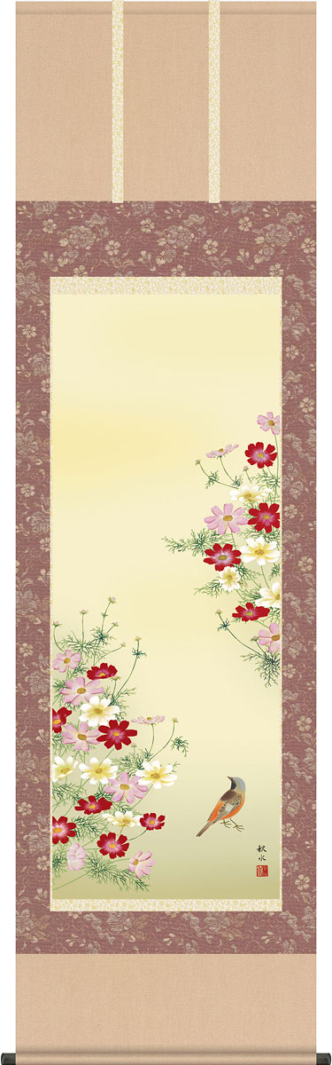 掛軸 掛け軸 秋用 秋桜 浮田秋水 尺五立 約横54.5cm&times;縦190cm【送料無料】g4120 秋 秋掛 秋掛け 花鳥 コスモス こすもす 和室 和 床の間 和風 お祝い 御祝 贈答 贈り物｜結納屋さん
