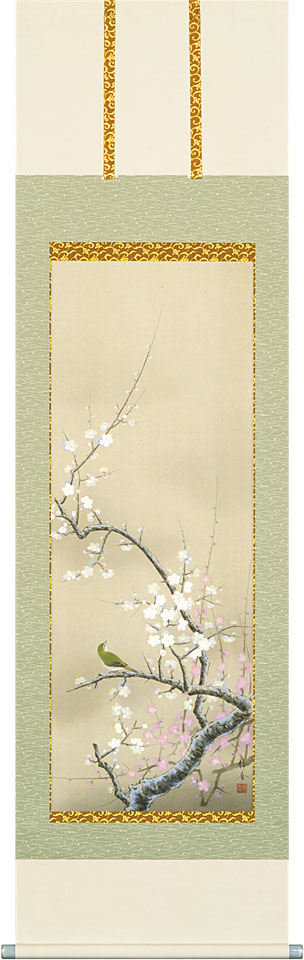 楽天市場】掛軸 掛け軸 春用 紅白梅に鶯 中谷文魚 半切立 約横47cm×縦