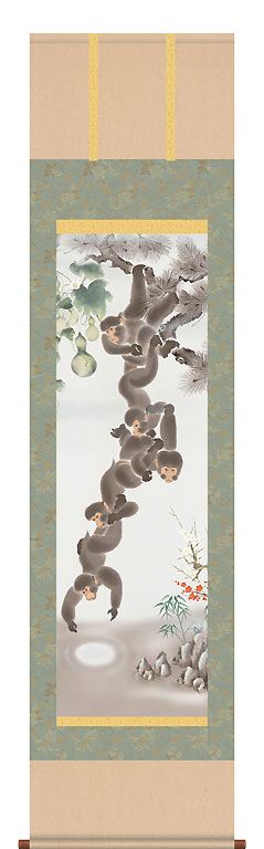 【未使用品】掛軸 久我直哉『月五猿霊峰図』絹本 共箱付 掛け軸 k060501 d7306top768.jpg