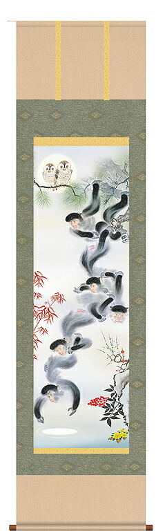 楽天市場】掛け軸【縁起画：月五猿六瓢息災図/K3D5-020】丈164cm×幅