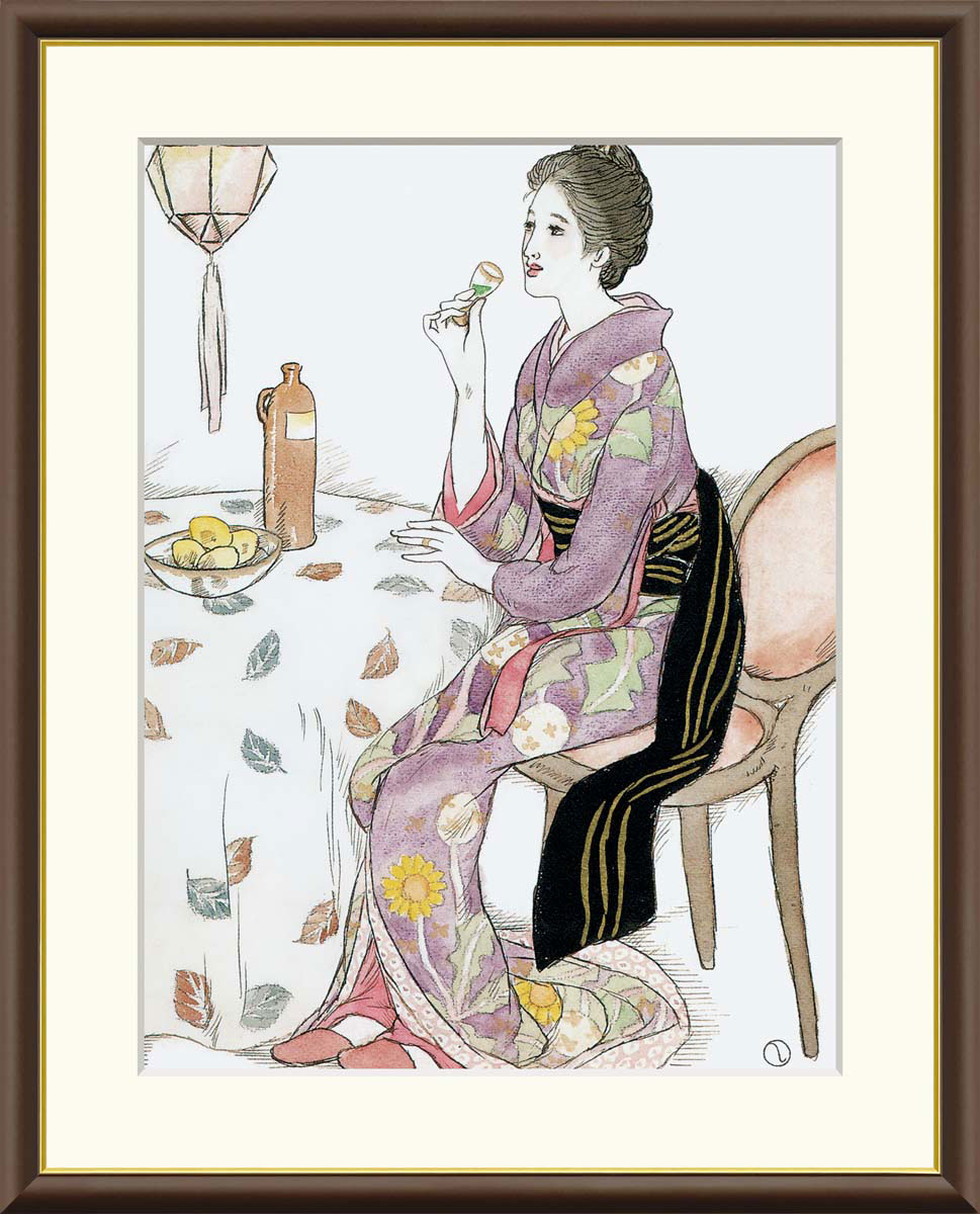 竹久夢二 青い酒 【F8/F6/F4サイズ】（紐・フック付） 日本の名画 F8・約縦61×横49.5cm F6・約縦52×横42cm F4・約縦42×横34cm【インテリアアート(額絵) 伝統の日本画】g5630 g5628 g5629 額入り アート リビング 玄関 プレゼント ギフト