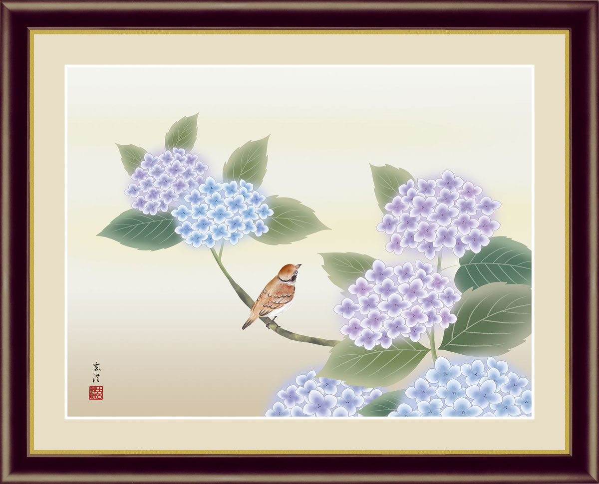 大久保鳥人(竹林居)美人画にアジサイ　肉筆　水彩画　額入り g5796left.jpg