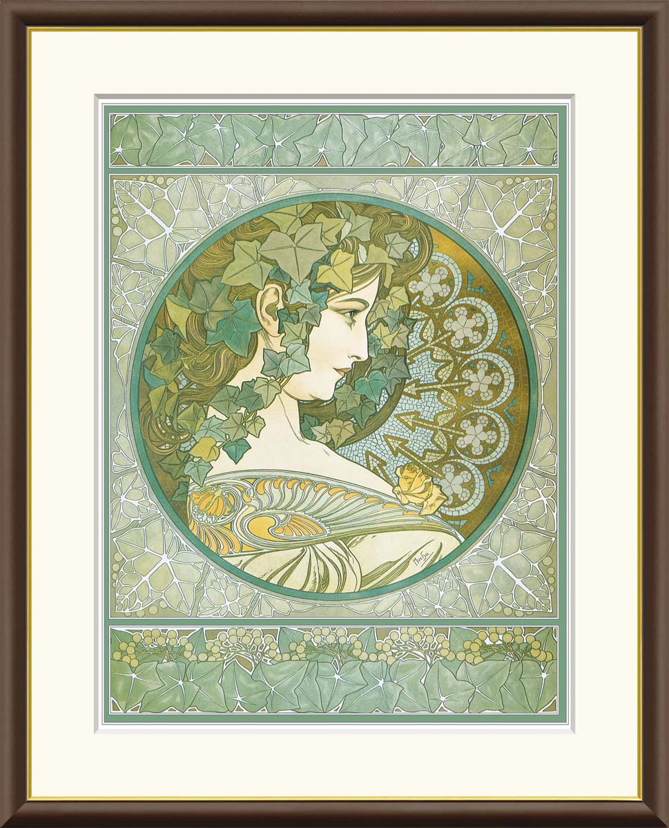 ミュシャ 木蔦 【F8/F6/F4サイズ】（紐・フック付） F8・約縦61&times;横49.5cm F6・約縦52&times;横42cm F4・約縦42&times;横34cm【インテリアアート（額絵） 世界の名画】g8196 g8197 g8198 J1-104 額入り アート リビング 玄関 プレゼント ギフト｜結納屋さん 7,920円