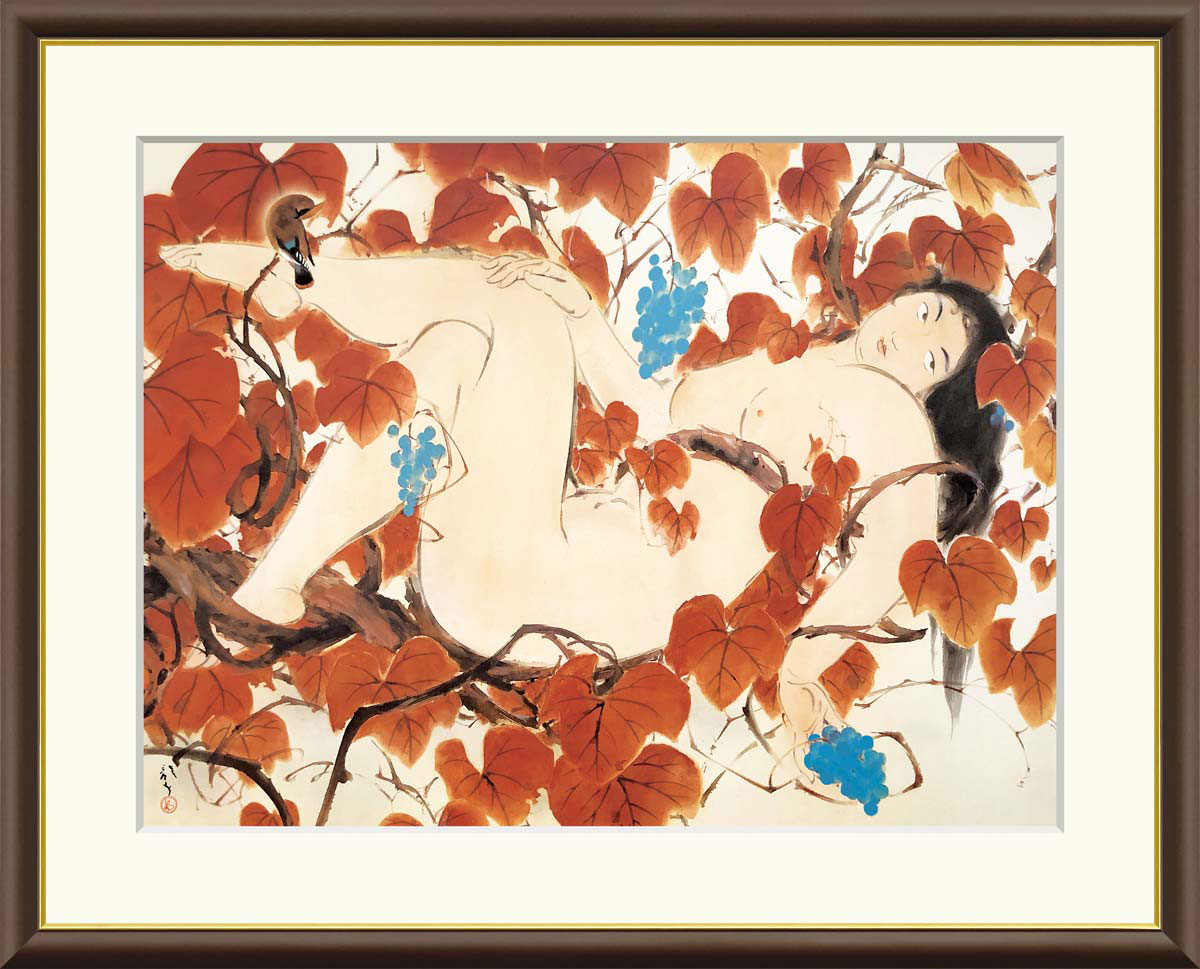 川端龍子 山葡萄 【F8/F6/F4サイズ】（紐・フック付） 日本の名画 F8・約横61×縦49.5cm F6・約横52×縦42cm F4・約横42×縦34cm【インテリアアート(額絵) 伝統の日本画】g8472 g8473 g8474 J2-053 額入り アート リビング 玄関 プレゼント ギフト